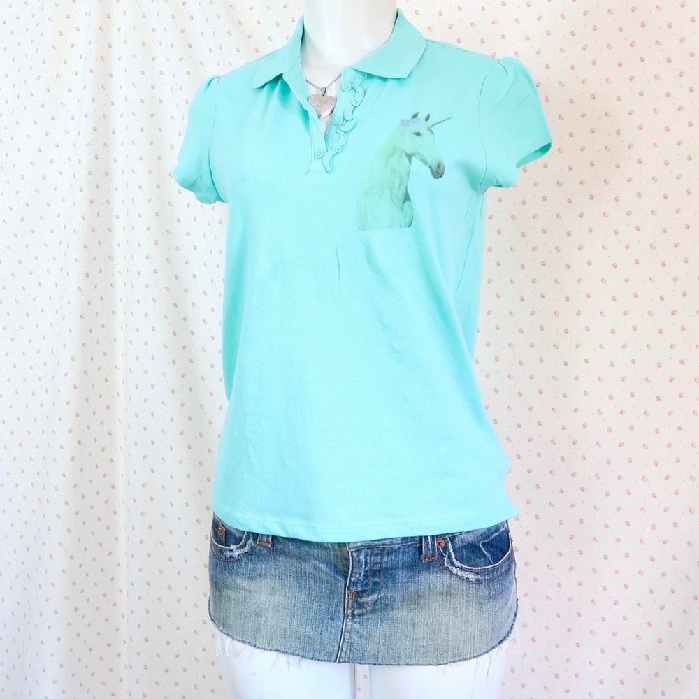 y2k teal blue unicorn polo top pastel 2000s
